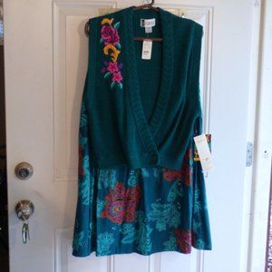 Print Brocade Green Knit Vest / Pleated Rayon skirt NWT size M/8